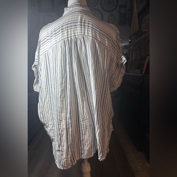 Time & Tru Gray Pinstripes Button Down Vneck Shirt Size Large - Picture 3 of 7